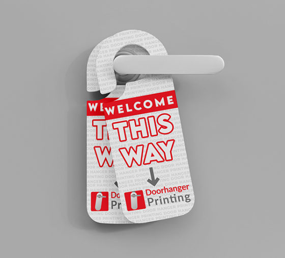 printed door hanger hooks - 2 hangers saying 'welcome, this way' with an arrow